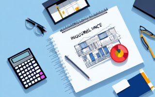 A residential building with a calculator and insurance policy documents nearby