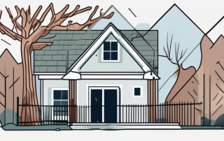 A house surrounded by potential hazards such as a fallen tree branch
