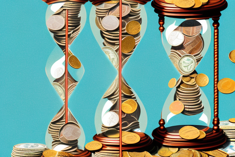 A sand hourglass with bills and coins flowing from the top half into a calendar at the bottom half