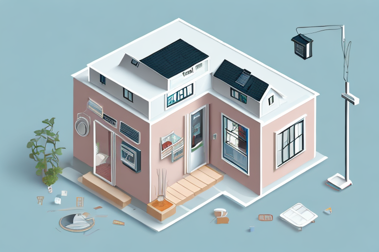 A small house of 50 square meters surrounded by various household items like furniture