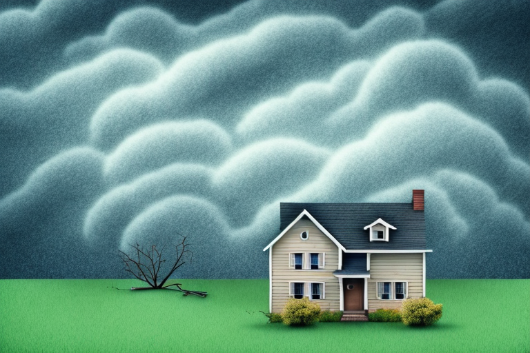 A house with a broken roof and a tree fallen on it