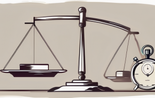 A scale balanced with a gavel on one side and a stopwatch on the other