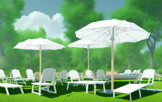 Various types of garden furniture such as a wooden bench