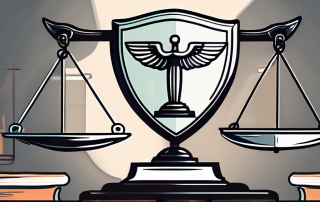 A balance scale with legal documents on one side and a shield symbolizing insurance on the other side