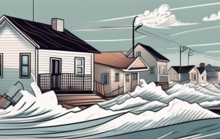 A storm surge approaching a coastal town with visible insurance policy documents floating in the wind
