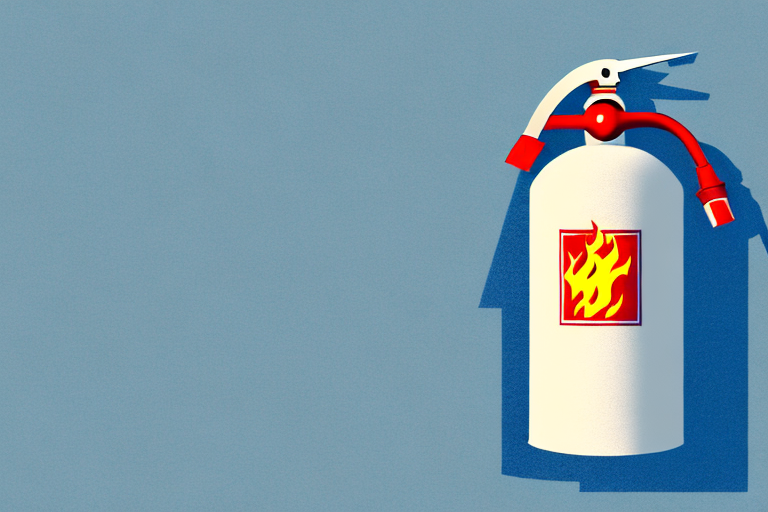 A fire extinguisher prominently placed against a backdrop of recognizable landmarks from hessen