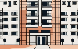 A padlock symbolizing security in front of a stylized apartment building