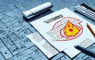 A building with a calculator and various insurance symbols like a shield