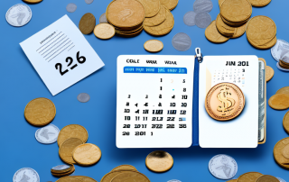 A wallet with coins and banknotes next to a calendar