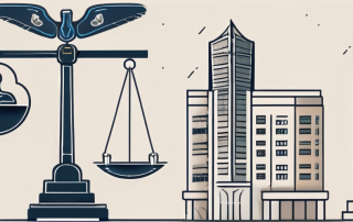 A balance scale where on one side there are different kinds of intellectual property symbols (patent