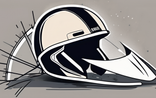 A broken bicycle next to a safety helmet and a shield