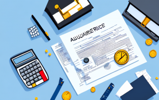 A residential building with a calculator and various insurance policy documents scattered around