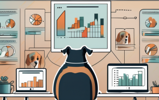 Several dogs of different breeds sitting in front of a computer screen