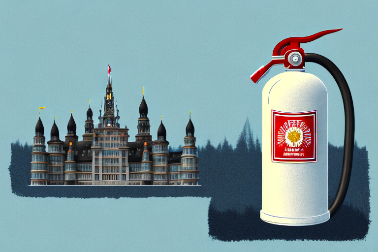 A fire extinguisher placed prominently on a background featuring recognizable landmarks of baden-württemberg like the black forest or heidelberg castle