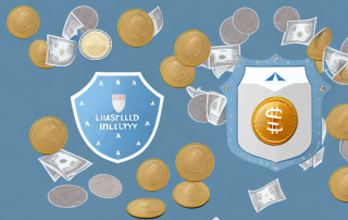 A wallet with coins and bills next to a shield