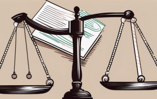 A balance scale with legal documents on one side and a small business store on the other