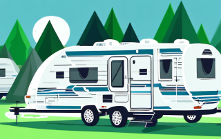 A variety of different types of caravans parked in a scenic campground