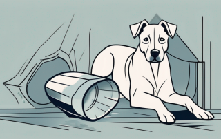 A dog standing next to a broken vase