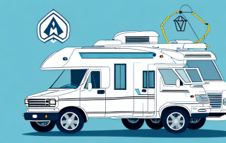 A motorhome with a protective shield symbolizing insurance
