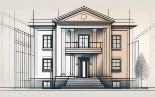 A residential building with a symbolic scale of justice integrated into its structure
