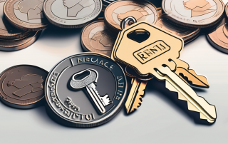 A set of keys on a table next to a house made of coins