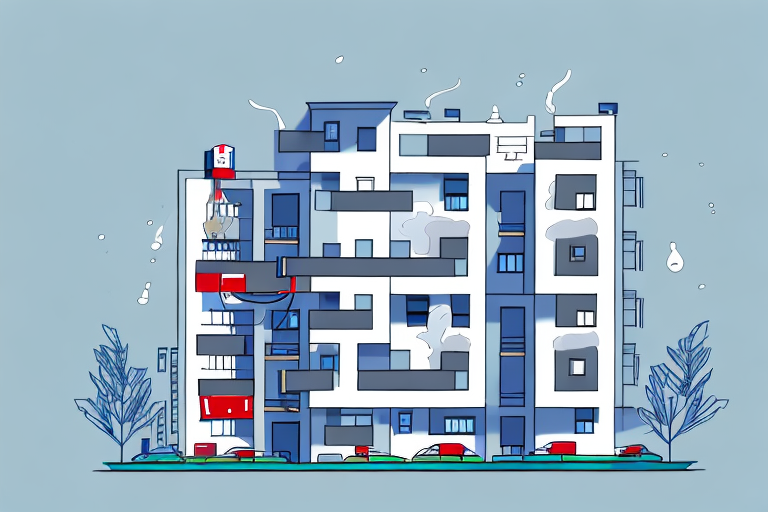 A multi-story apartment building with visible safety measures like fire extinguishers