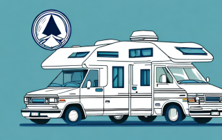 A motorhome parked in a beautiful camping spot with a safety shield symbol hovering above it