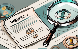 A magnifying glass focusing on a document with a symbolic insurance emblem