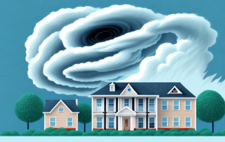 A sturdy residential building standing firm amidst a backdrop of a swirling tornado