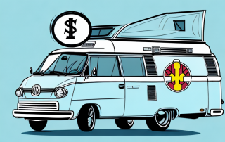 A camper van with visible insurance-related symbols like a shield