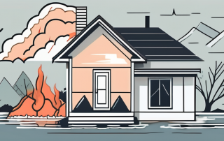 A house in a serene environment with various symbols of natural hazards like storm clouds