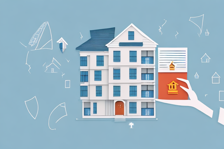 A property (house or apartment building) with various insurance policy documents floating around it