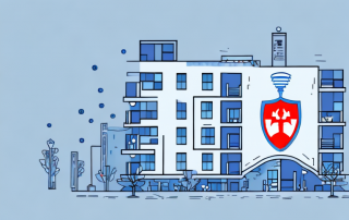 A modern apartment building with various insurance protection symbols like a shield