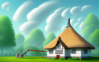A thatched roof house with various safety measures like a fire extinguisher