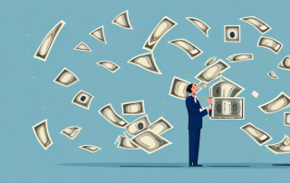 A residential building with money bills raining down on it