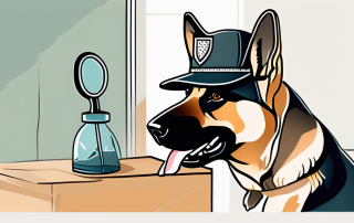 A german shepherd dog wearing a detective hat and magnifying glass