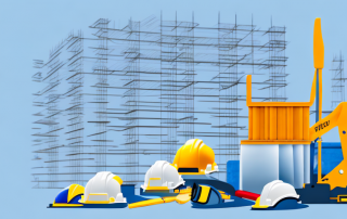 A construction site with various tools and safety equipment