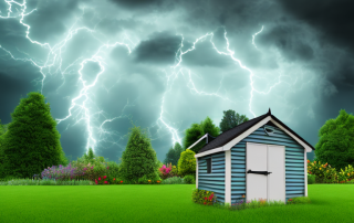A garden shed with visible security features like a lock