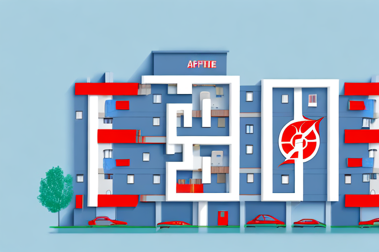 A multi-story apartment building with visible safety features like fire extinguishers