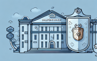 A building with a protective shield symbolizing insurance