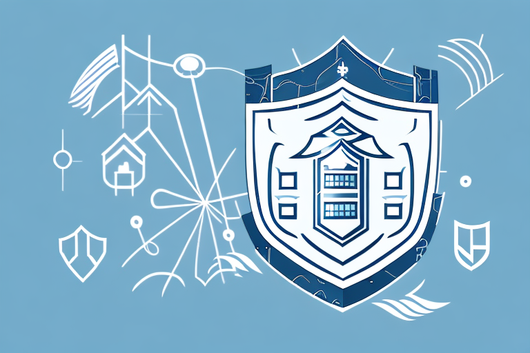 A residential building with a shield symbolizing insurance hovering above it