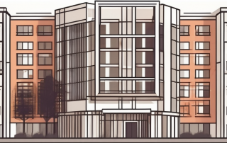 A condominium building with a safety shield symbol overlaying it