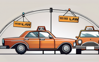 A justice scale balanced with a car and traffic signs