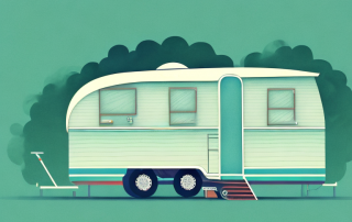 A well-secured caravan trailer parked in a scenic camping area