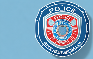 A police badge incorporated with various insurance symbols like an umbrella