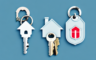 Two sets of house keys next to a shield