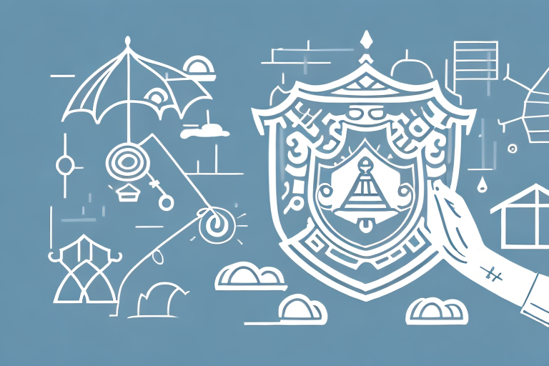 A property with various insurance protection symbols like a shield