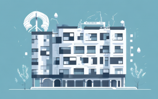 An apartment building with a protective shield symbolizing insurance coverage