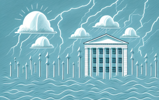 A sturdy building standing tall amidst various natural disasters like storm