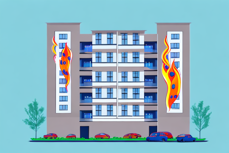 A multi-story apartment building with visible fire extinguishers installed on each floor
